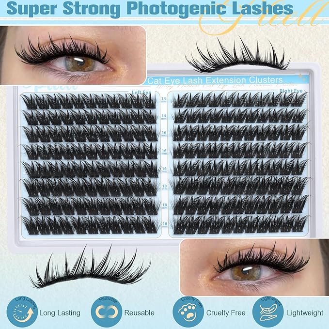 Manga Lash Clusters With Spikes Cat Eye Cluster Lashes 14/16/18MM Cluster Eyelash Extensions Left&Right Individual Lashes Volume Lash Extensions by Pleell (176PCS, D Curve)