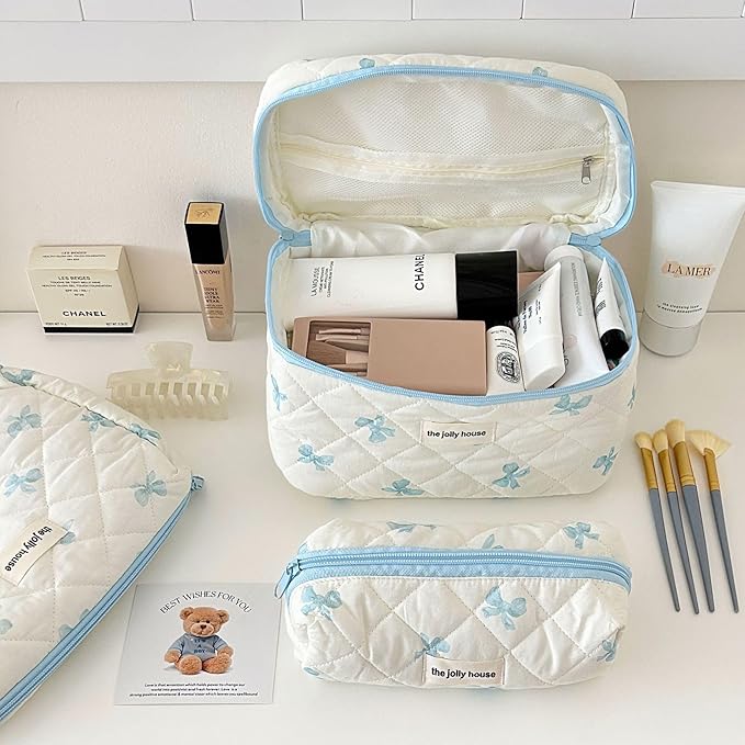 Cute Makeup Bag Aesthetic Floral Quilted Cotton Cosmetic Bag Travel Organizer Toiletry Pouch 3 Pack Set (02Blue Bow)
