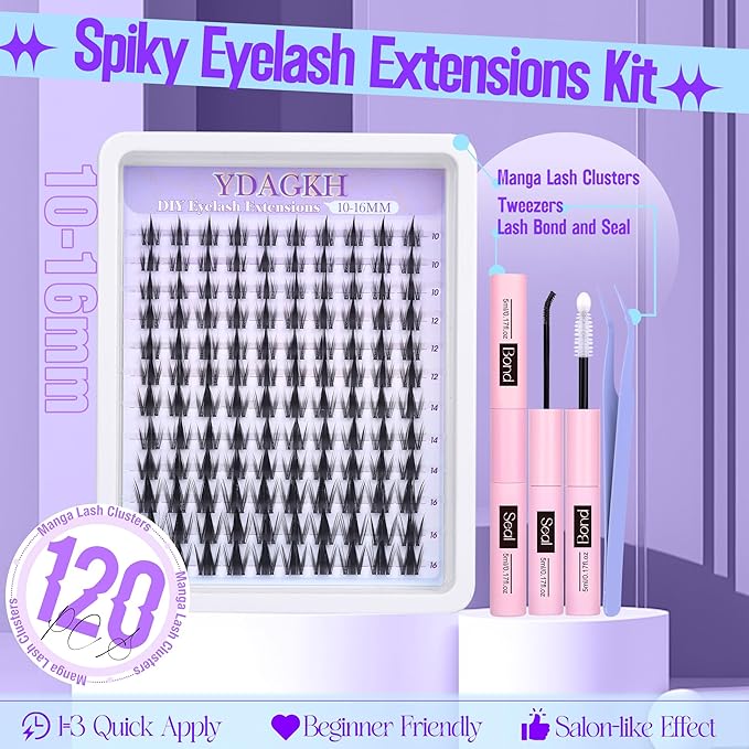 Manga Lash Clusters Kit with Spikes Natural Eyelash Clusters Kit Invisible Band Spiky Clusters Eyelash Extensions Kit Wispy DIY Anime Lash Extension with Lash Bond and Seal, Tweezers