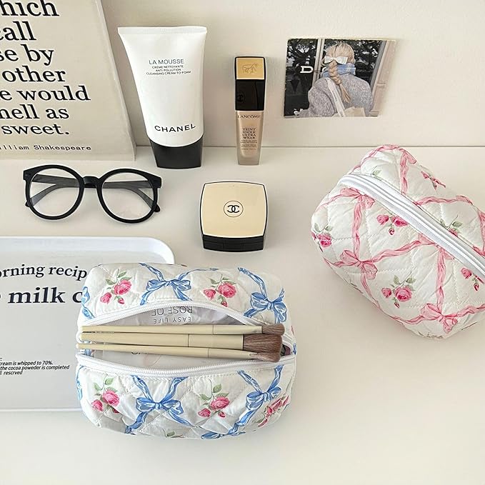 Cute Makeup Bag Aesthetic Floral Quilted Cotton Cosmetic Bag Travel Organizer Toiletry Pouch 3 Pack Set (01Blue Bow)