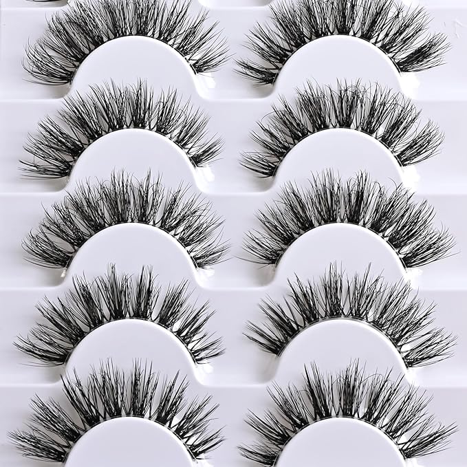 Lashes Wispy False Eyelashes Natural Cat Eye Strip Lash Fluffy Fake Lashes Strips Clear Band Mink Eyelash Natural Look Cateye Demi Wispies Eye Lashes Pack 7 Pairs Short Full Pestañas Set