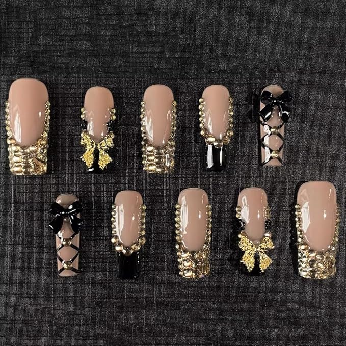 MAGLFELL Press On Nails - Handmade French Square Fake Nails, Luxury Cute Golden Bow and Diamond Design, Reusable Artificial Square False Nails for Women 10 Pcs 3D Acrylic Nails Kit (Size M)