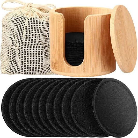 Foaincore 40 Pcs Reusable Makeup Remover Pads with Mesh Storage Bag and Bamboo Box Washable Bamboo Cotton Rounds Soft Reusable Face Pad for Toner Skin Various Skin Care Products(Black)