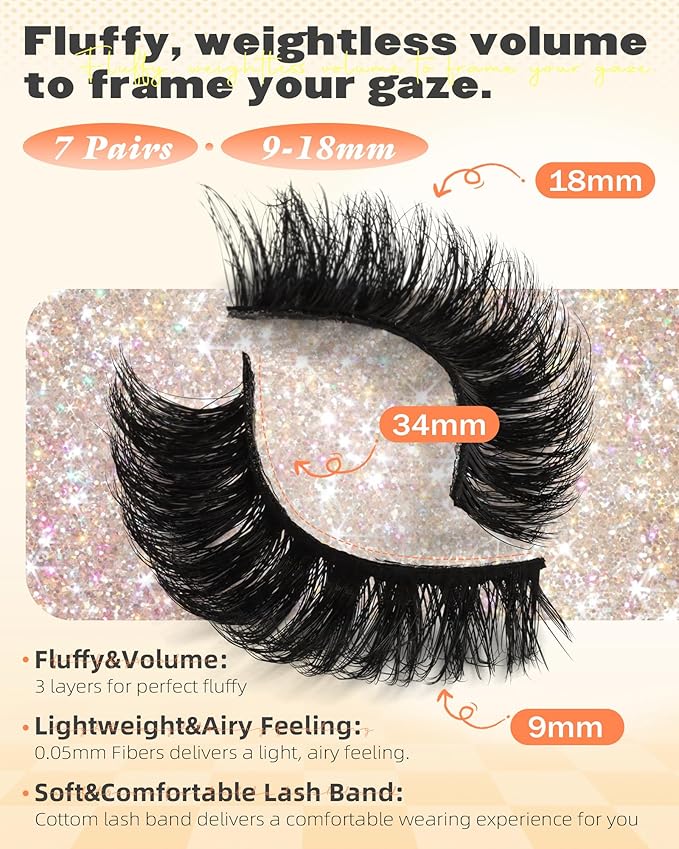 Boahankuke False Eyelashes Mink Lashes Full 18MM Cat Eye Lashes D Curvature Wispy Fake Lashes 8D Natural Strip Lashes Volume Lightweight Lashes Pack with Soft Cotton Band,7 Pairs