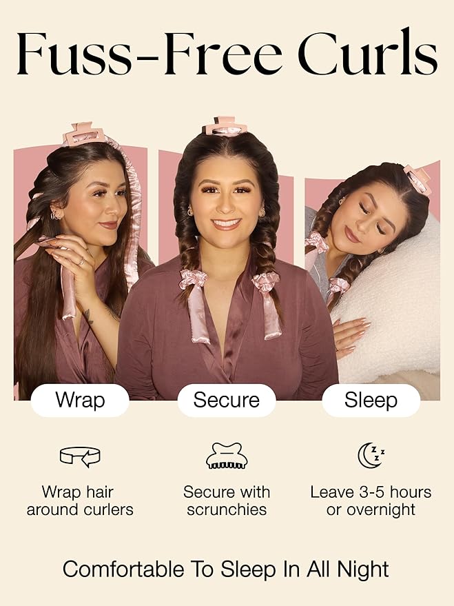 Lily England Heatless Hair Curlers to Sleep In - No Heat Curling Gift Set Includes Satin Headband, Hair Clip, Comb & 2 Scrunchies - Sleek & Smooth Overnight Curls (Peach, 6 Pack)