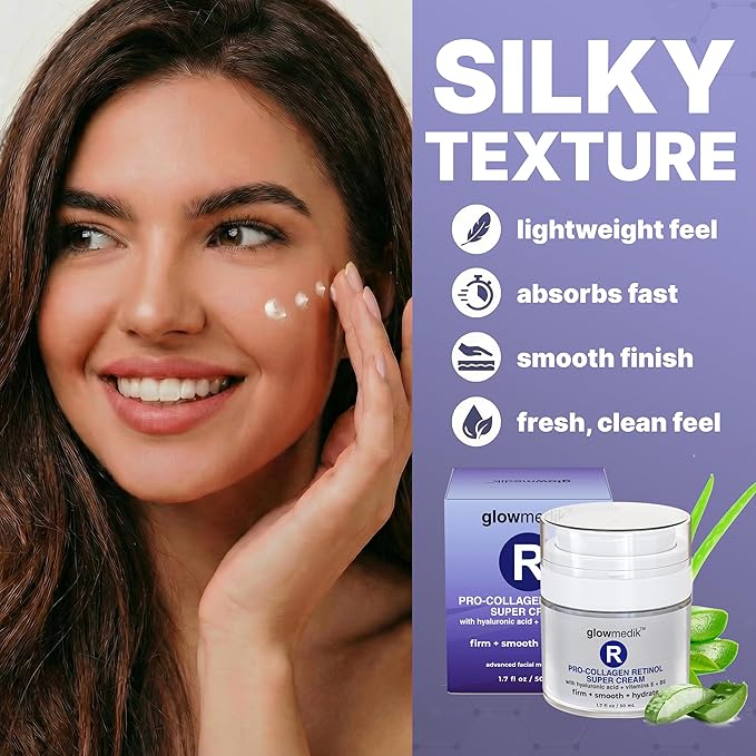 Glowmedik Pro-Collagen Retinol Super Cream w/Hyaluronic Acid, Vitamin E & Aloe | Anti Aging + Facial Moisturizer for Fine Lines, Uneven Tone & Dry Skin | Retinol Cream for face moisturizer 50ml