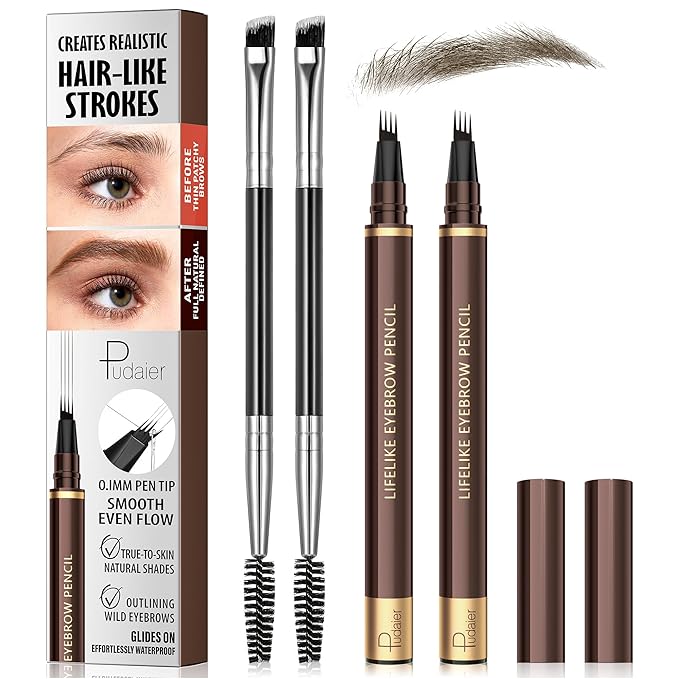 2 Pack 4-Tip Microblading Eyebrow Pen with 2 Brow Brushes, Waterproof Vegan Formula Eyebrow Pencils for Women to Effortlessly Create Natural Hair-Like Strokes, All-Day Wear (Medium Brown)