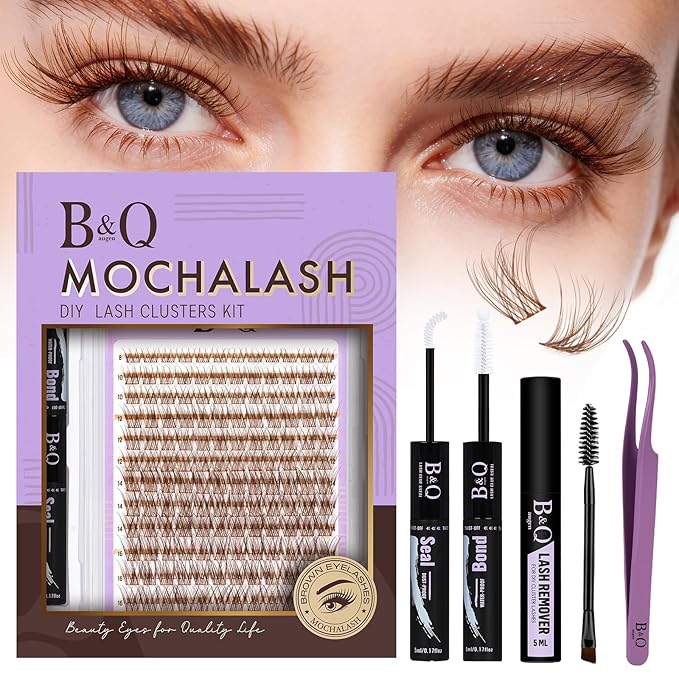 B&Q Brown Lash Clusters Kit Natural Mochalash Clusters 03, Wispy Eyelash Clusters Kit C-Curl Cluster Eyelash Extensions 8-16mm Brown Lash Eyelashes Kit for Fair/Dark Hair(Mochalash 03 Set)