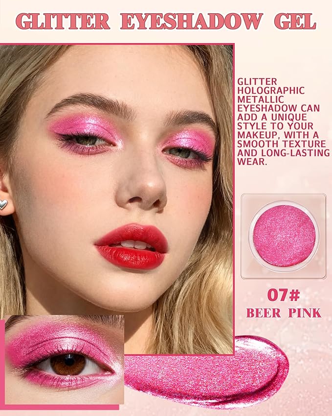 Sparkle Single Eyeshadow Cream, Rose Pink Glitter Highly Pigmented Eye Shadow, Long-Lasting Blendable Shimmer Eyeshadow, Lightweight Eye Shadow Makeup Palette Christmas Party Gift for Women Girls-07