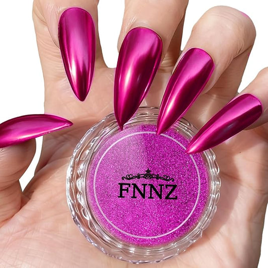 FNNZ Chrome Nail Powder, Metallic Nail Powder Pigment Premium Mirror Effect Salon Nail Art Glitter Dust for Valentines Gel Polish Decoration Home DIY Nail Manicure Supplies - Fuchsia Glimmer