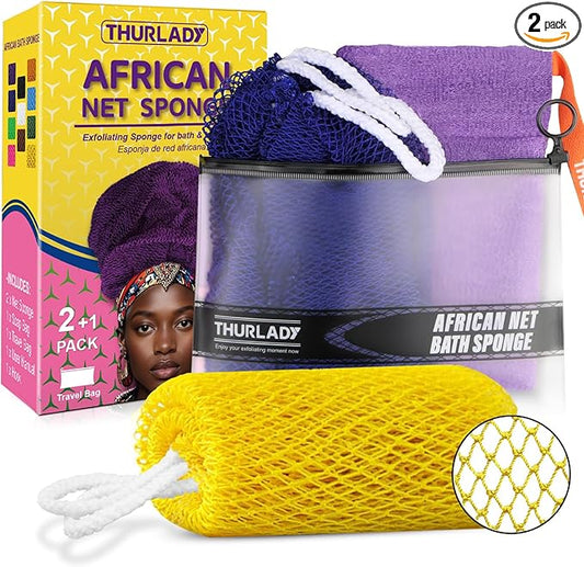 THURLADY African Net Sponge, 2 Pack African Bath Sponge Scrub Net, Gentle Exfoliation for Daily Shower Use, Navy and Yellow