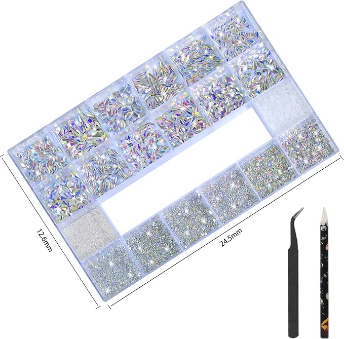 HNUIX Nail Rhinestones - 3D Multiple Shape Size Gems, AB Color, Manicure Beads, Pearls, Flatback Crystals Rhinestones, with Kit, for Nail Art Decor