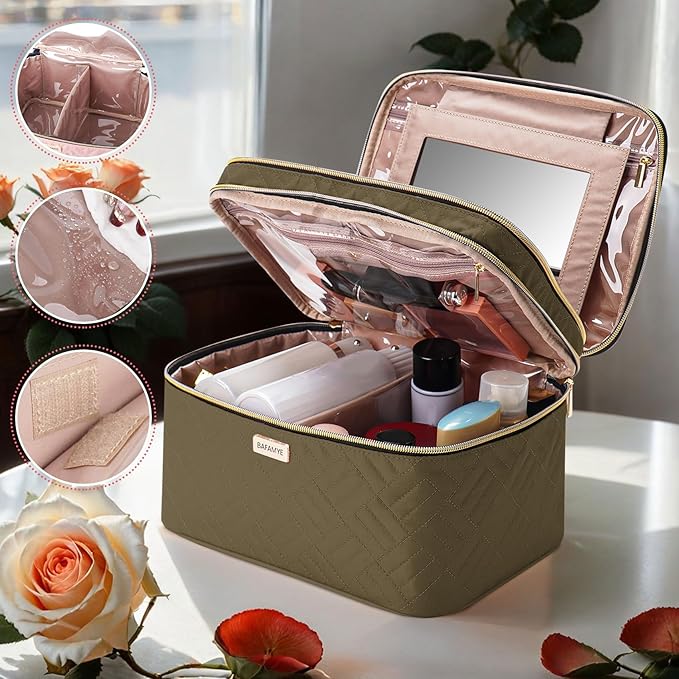 BAFAMYE 8.8L Double Layer Travel Makeup Bag With Mirror For Women, Large Cosmetic Case, Organizer for Travel-Size Accessories Bottles, Brushes,and Skin Care Products, 2.33 GAL, Brown…