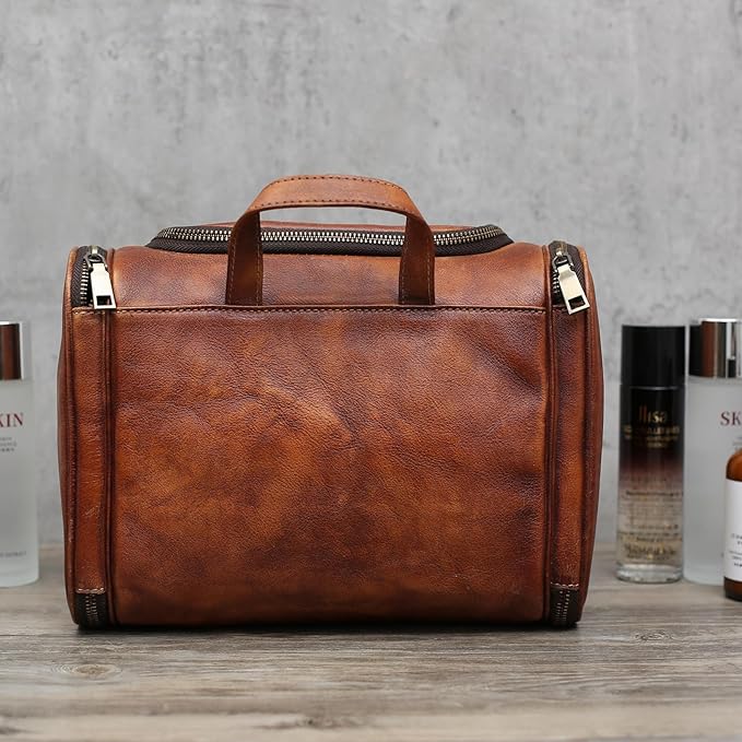 Toiletry Bag For Men, Genuine Leather Toiletries Organizer, Large Travel Hanging Toiletry Bag Water-resistant Bathroom Shaving Kit for Cosmetics, Makeup Case Travel Dopp Kit