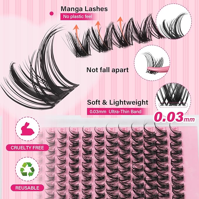 PRO LASHBEAUTY Manga Lash Clusters, Eyelash Clusters 8-18 Mixed Cluster Eyelash Extensions Mixed Lash Extension Reusable Soft & Comfortable (Sweety,8-16mix)