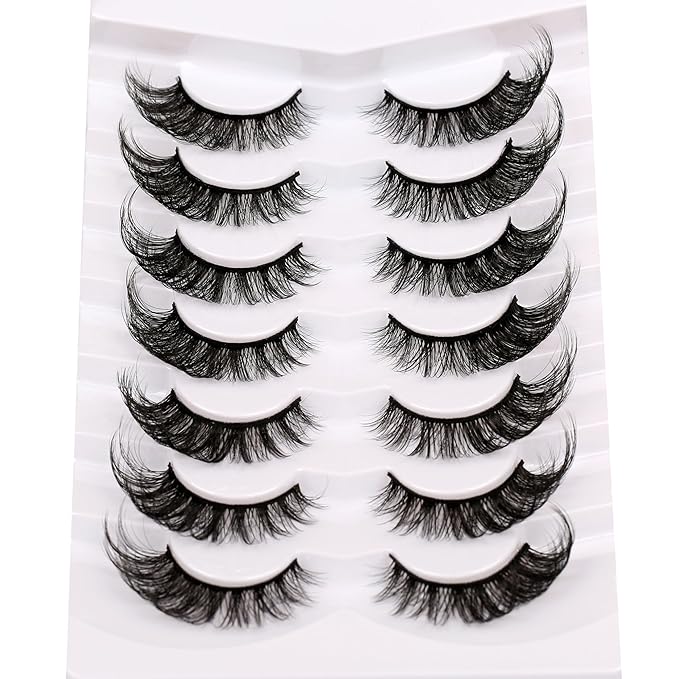 Poolunch False Eyelashes Cat Eye Lashes 8D Volume Wispy Natural Crossed Fake Eyelashes Faux Mink Lashes Strips 7 Pairs Pack