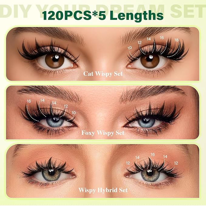 KEYYOU LASH Lash Clusters Kit Manga Lashes Individual 120pcs Wispy Lash Clusters with 10ml Remover Bond&Seal 10-18mm Eyelash Extension with Spikes D Curl Fairy Style Manga Cosplay DIY at home(F02 Kit)