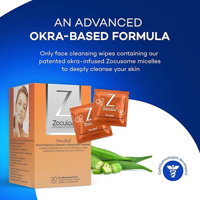 Zocular ZocuZap Face Wipes – Moisturizing Face Cleansing Wipes for Makeup Removal & Gentle Exfoliation with Natural Okra Complex – 15 Count