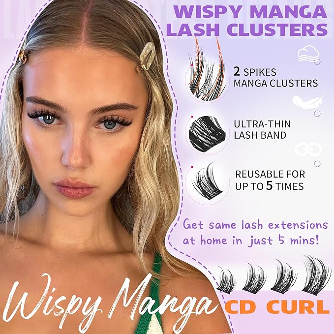 EYDEVRO Wispy Lash Clusters Natural Manga Eyelash Clusters 10-16mm Fairy Cluster Eyelash Extensions CD Curl Cluster Lashes Soft Thin Band Individual Lashes DIY Lash Extensions at Home