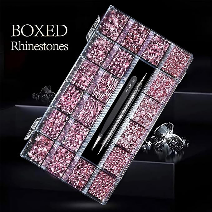 Yzzseven 14 Types of 700 Pink Diamonds + 1500 Flat Rhinestones Mix 20 Styles Flatback DIY Crafts Rhinestone Crystals 3D Ornament‌s Flat Back Stones Set + Tweezers + Drill Pen