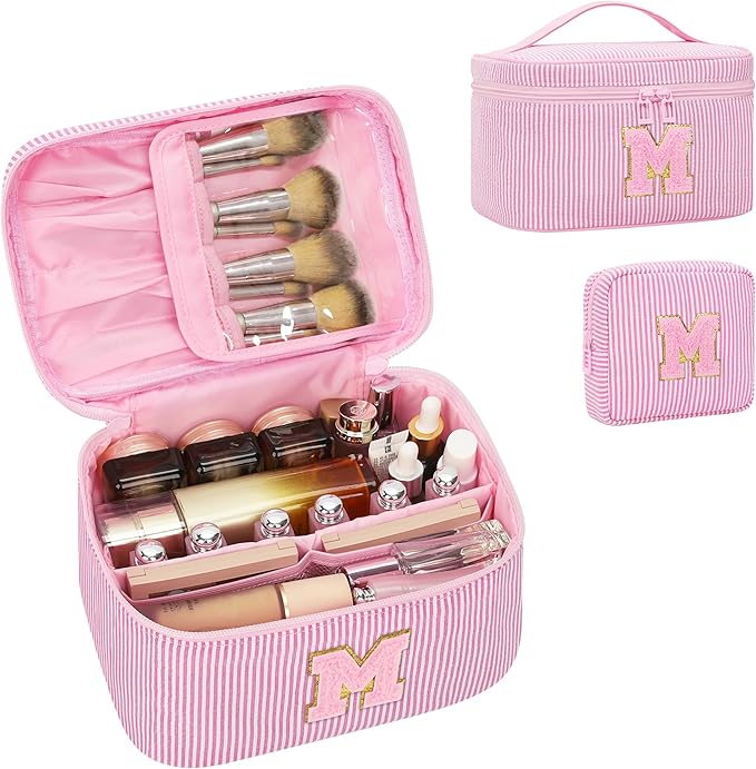 MONSTINA Mom Gifts for Mom, Personalized Initial Makeup Bag Cosmetic Bags for Women Cute|Makeup Pouch Birthday Gifts for Mother,Birthday Gift for Her Cute Toiletry Bag,2PCS Pink M