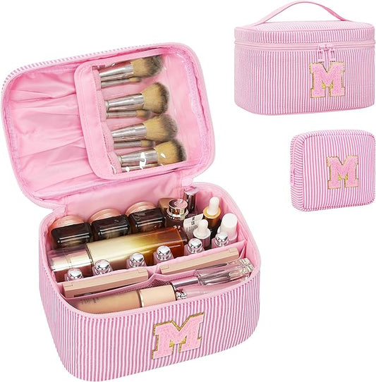 MONSTINA Mom Gifts for Mom, Personalized Initial Makeup Bag Cosmetic Bags for Women Cute|Makeup Pouch Birthday Gifts for Mother,Birthday Gift for Her Cute Toiletry Bag,2PCS Pink M