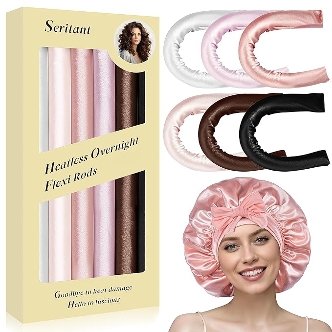 Heatless Curls Overnight Rods - 6 Pcs No-Heat Blowout Hair Curler Set, Hair Rollers for Long Hair with Bonnet for Sleeping