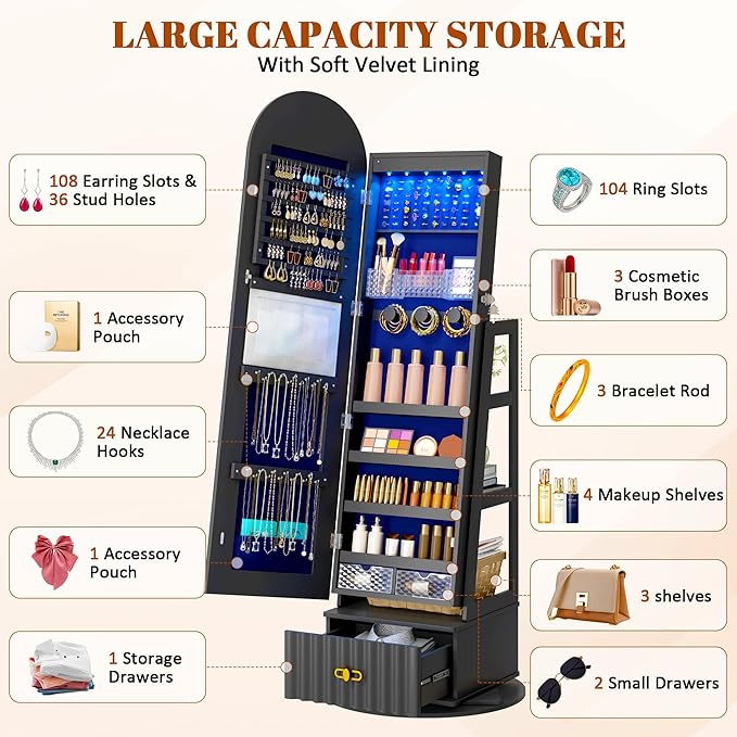 Full Length Mirror with Storage, 63" Mirror Jewelry Cabinet Standing, Rotating Jewelry Mirror Organizer Full Length, Lockable Jewelry Armoires with Velvet Lining for Women Gift