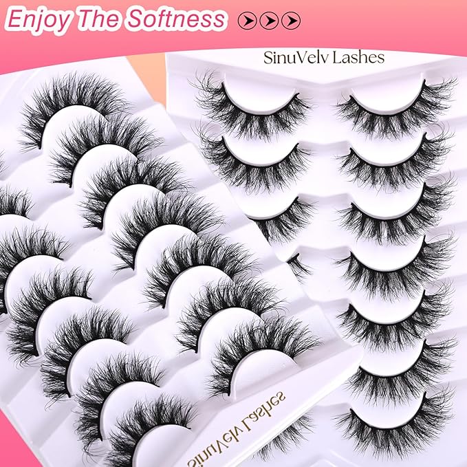 SinuVelve Extra Fluff Lashes 5D False Eyelashes 6-14mm Wispy Lashes Reusable 15 Times 7 Pairs Lash Pack With Flexible Band D Curlve Lash Strips Multi-Layered Eyelash