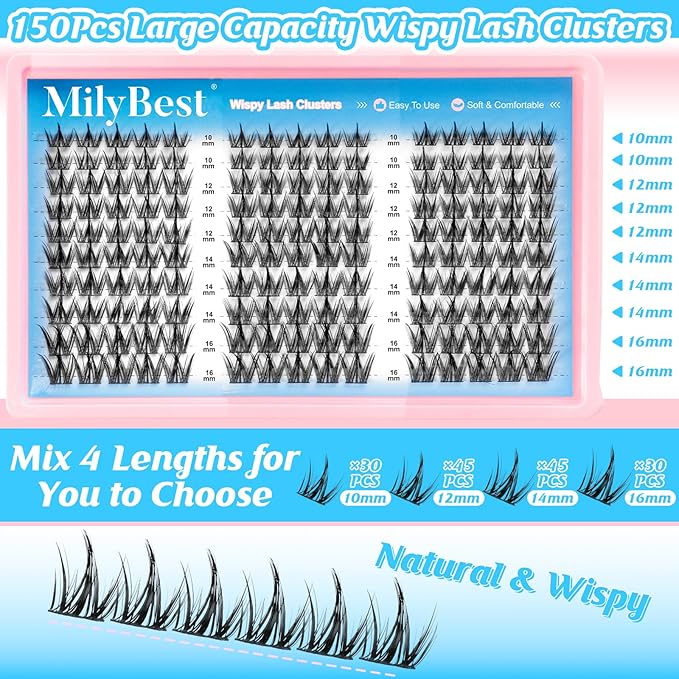 Manga Lash Clusters Kit Spiky Anime Cluster Eyelash Extensions 150Pcs CC Curl Wispy Lash Extension Kit 10-16mm DIY Cosplay Doll Individual Lashes Clusters Natural Look by MilyBest