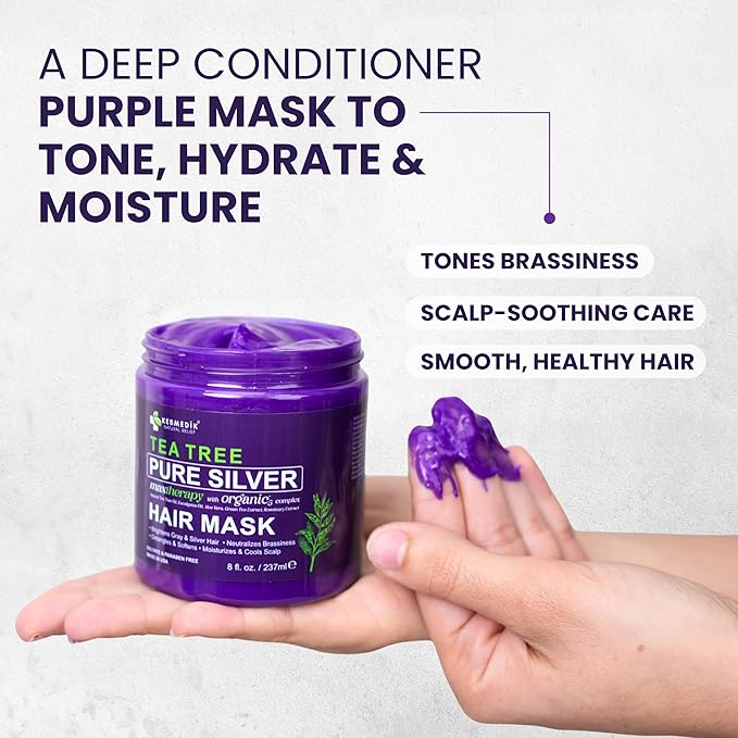 KESMEDIK Pure Silver Purple Hair Mask Toner with Tea Tree & Argan Oil, Deep Conditioner for Dry Damaged Bleached, Blonde White & Gray Hair, Relieves Itchy Scalp, Neutralizes Brassy & Yellow Tones | Hair Mask Toner, Deep Conditioner, Gray Hair Care, Blo...