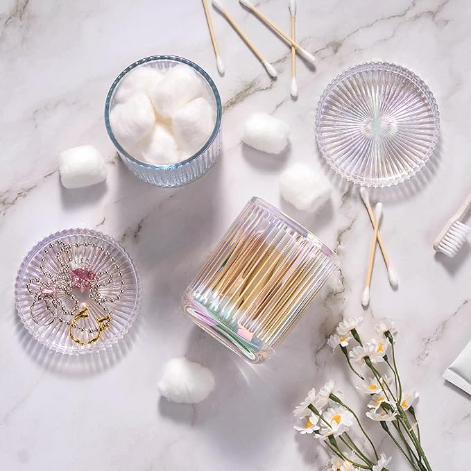 MKOSAB 2 Pack Qtip Holder - Apothecary Jars with Lids, Bathroom Organizers and Storage Canister for Cotton Balls,Swabs,Floss Picks,Hair Ties,Clear Glass Vintage Bathroom Decor Jar Set (Iridescent)