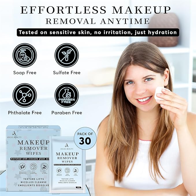 Angel Beauty Makeup Remover Wipes – 30 Individually Wrapped Micellar Face Wipes Singles – Daily Gentle Facial Cleanser with Aloe, Avocado & Vitamin C – Alcohol-Free, Paraben-Free, Travel-Friendly