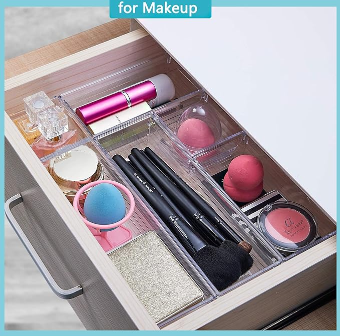 DCA 12 PCS Clear Plastic Drawer Organizer Set, 4 Sizes Makeup organizer, Vanity Organizer for Makeup, Stationery,Gadgets,Kitchen,Bathroom,Office,Bedroom