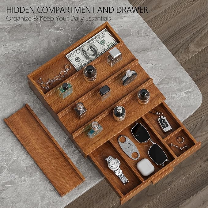 Cologne Organizer for Men,4 Tier Walnut Wood Cologne Stand,Cologne Shelf Display Holder with Hidden Storage and Drawer,Perfume Stand Organizer Great Gift for Men,Walnut