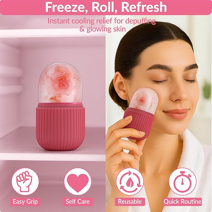 Brookstone IcyGlow Facial Rollers with Rose - Ice Roller for Face, Neck & Under Eyes - Cold Therapy Massager for Puffiness, Redness & Skincare Routine - Soothing Ice Face Roller for Cooling