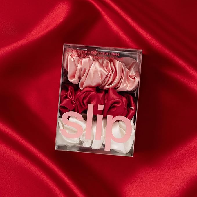 slip Large Scrunchies: Rosy | Set of 3 Pure Silk Large Scrunchies | Includes 1 Scarlet, 1 Rose, 1 White | 100% Mulberry Silk, Anti-Crease, Gentle on Hair, Reduces Breakage