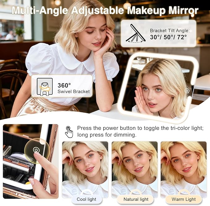 Makeup Case with Magnetic Lighted Mirror Cosmetic Train Box Detachable LED Mirror Adjustable Brightness in 3 Colors Waterproof Storage Organizer Artist Suitcase with Dividers Brush Holder, Rose Gold