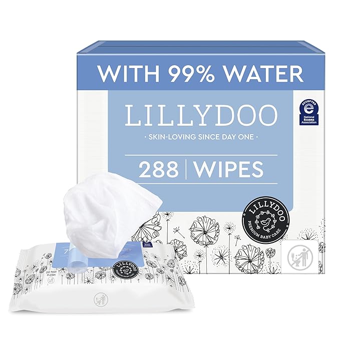 LILLYDOO Baby Wipes with 99% Water – Unscented, Hypoallergenic, Plant-Based, Strong & Plastic-Free, Compostable, 4 resealable Packs x 72 (288 Wipes Total)