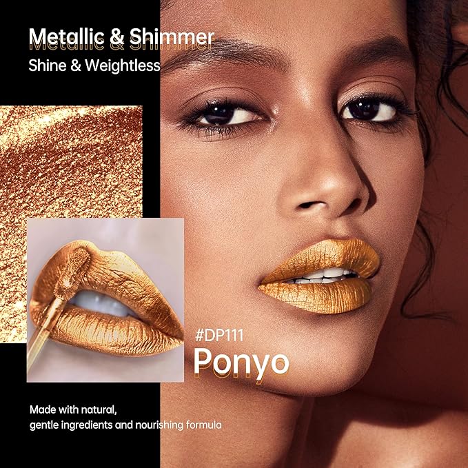 Depuplum Gold Lipsticks for Women Metallic Lipstick Long Lasting Non Stick Cup Lip Gloss, Shimmer Lightweight Hydrating Full Coverage Lip Color,DP111 Ponyo