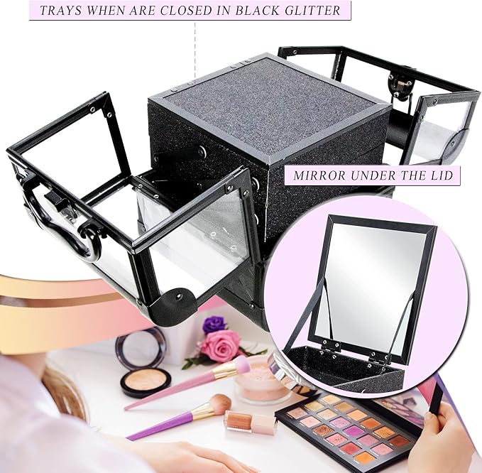 Ver Beauty Makeup Box Cosmetic Train Case with Clear Armored Acrylic Jewelry Organizer with 2 Tiers Trays and Mirror Lockable Portable Travel Cosmetic Display Aluminum Case (Black Diamond)