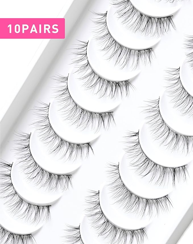 Lashes Natural Look, Wispy Eyelashes, Jiocolor False Eyelashes Natural Look, Fluffy Fake Mink Lashes,12 mm Strip Lashes 10 Pairs D1