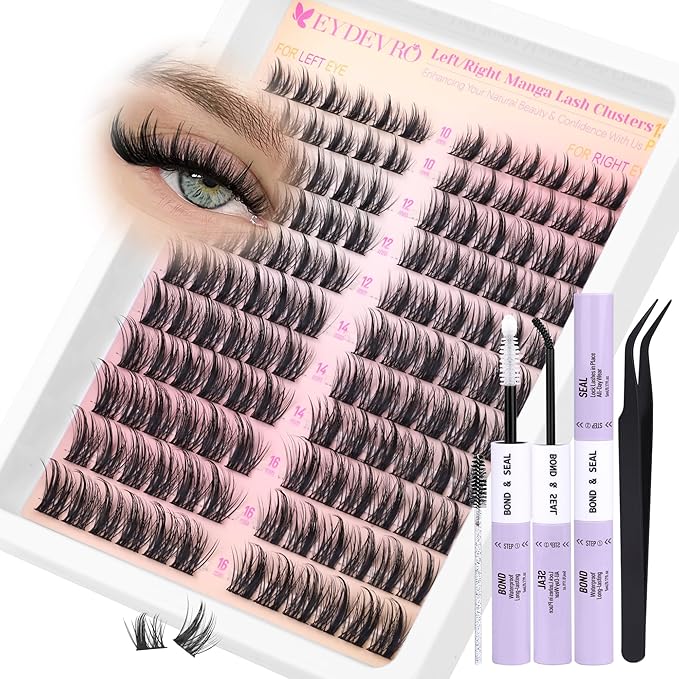 EYDEVRO Manga Lash Clusters Kit Natural Wispy Eyelash Clusters Kit Anime Spiky Cluster Eyelash Extensions 144 Pcs CD Curvature Cluster Lashes Individual Eyelashes 10-16mm DIY Lash Extension Kit