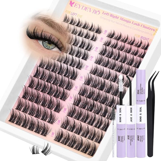 EYDEVRO Manga Lash Clusters Kit Natural Wispy Eyelash Clusters Kit Anime Spiky Cluster Eyelash Extensions 144 Pcs CD Curvature Cluster Lashes Individual Eyelashes 10-16mm DIY Lash Extension Kit