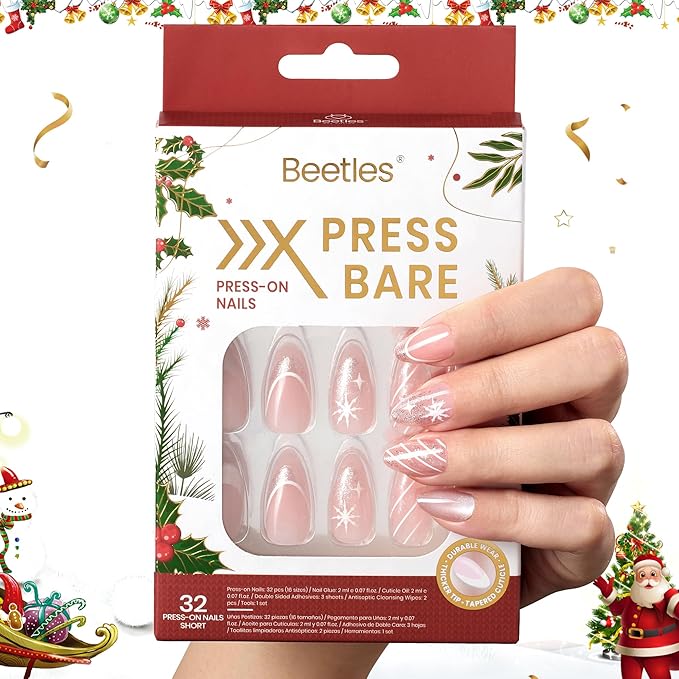 Beetles Christmas Press On Nails - Christmas Snow | Short Almond Press On Nails | 32Pcs 16 Sizes Natural Salon Quality Nail Tips With Quick-drying Nail Glue For Women