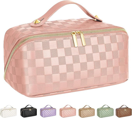 Large Capacity Travel Cosmetic Bag - Portable Makeup Bags for Women Waterproof PU Leather Checkered Makeup Organizer Bag with Dividers and Handle,Toiletry Bag for Cosmetics