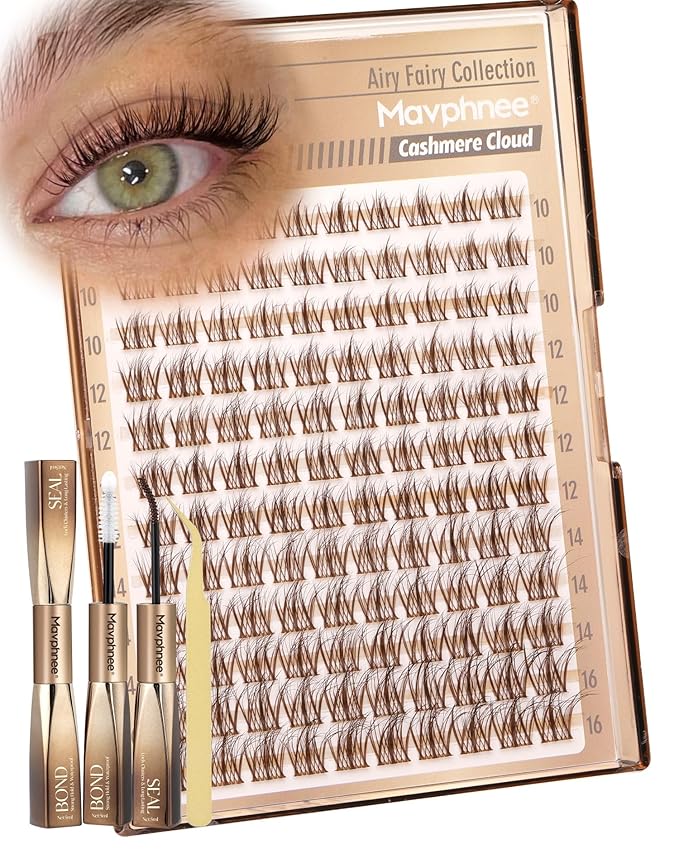 Brown Lash Clusters Kit Natural Cluster Eyelash Extensions Kit Gently Fluffy Inidvidual Lashes CC Curve Dark Brown Cluster Lashes Fairy Wispy Eyelash Clusters with Lash Bond and Seal (10-16MM)