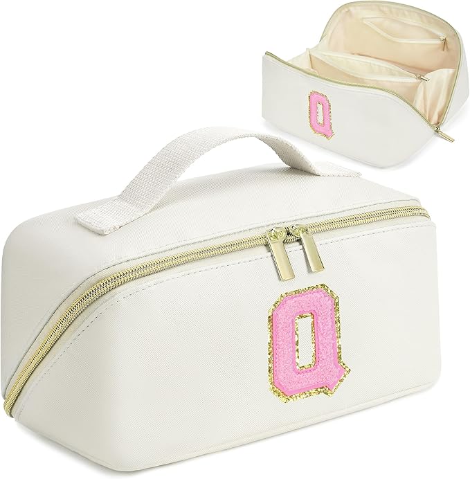 for Valentines Day Gifts, Makeup Bag for Women, PU Leather Travel Toiletry Bags, Initial Make Up Cosmetic Pouch for Teen Girls, Wide Open Portable Skincare Bag, Personalized Birthday Gifts, White Q