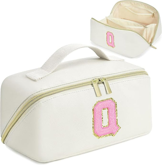for Valentines Day Gifts, Makeup Bag for Women, PU Leather Travel Toiletry Bags, Initial Make Up Cosmetic Pouch for Teen Girls, Wide Open Portable Skincare Bag, Personalized Birthday Gifts, White Q