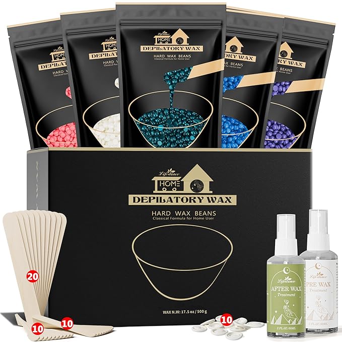 Lifestance Wax Beads Set, 5 Kinds of Waxing Beads, Hard Wax Beans with 57 Items Silicone Spatulas, Perfect for Any Waxing Warmers, Wax Beads for Hair Removal for Bikini Underarm Face Body